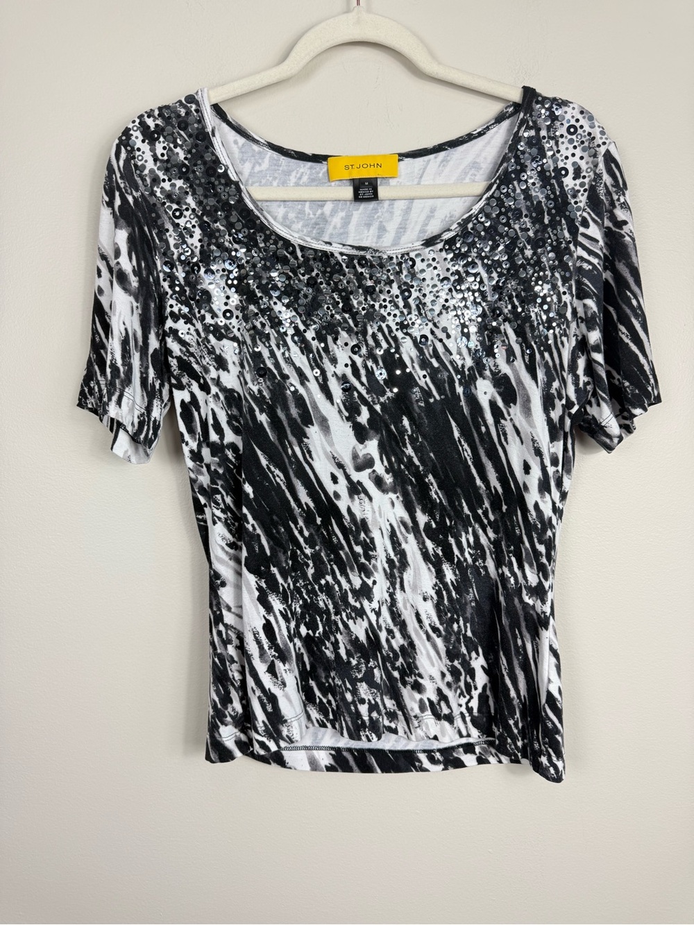 St. John Black & White Sequin-Embellished Short Sleeve Tee